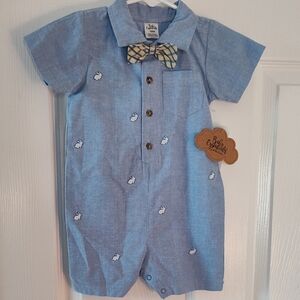 Baby Essentials Light Blue Chambray Romper with Plaid Bow Tie